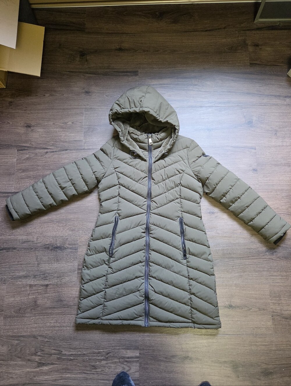 DKNY Womens Faux Fur Lined Hooded Puffer Parka Jacket Olive Green Large